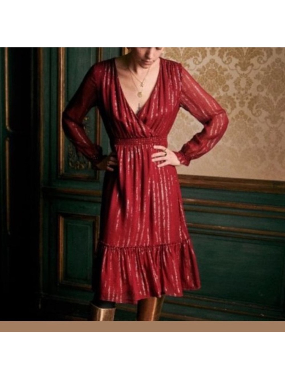 Sezane Titiane Midi Dress in Burgundy with gold metallic stripes